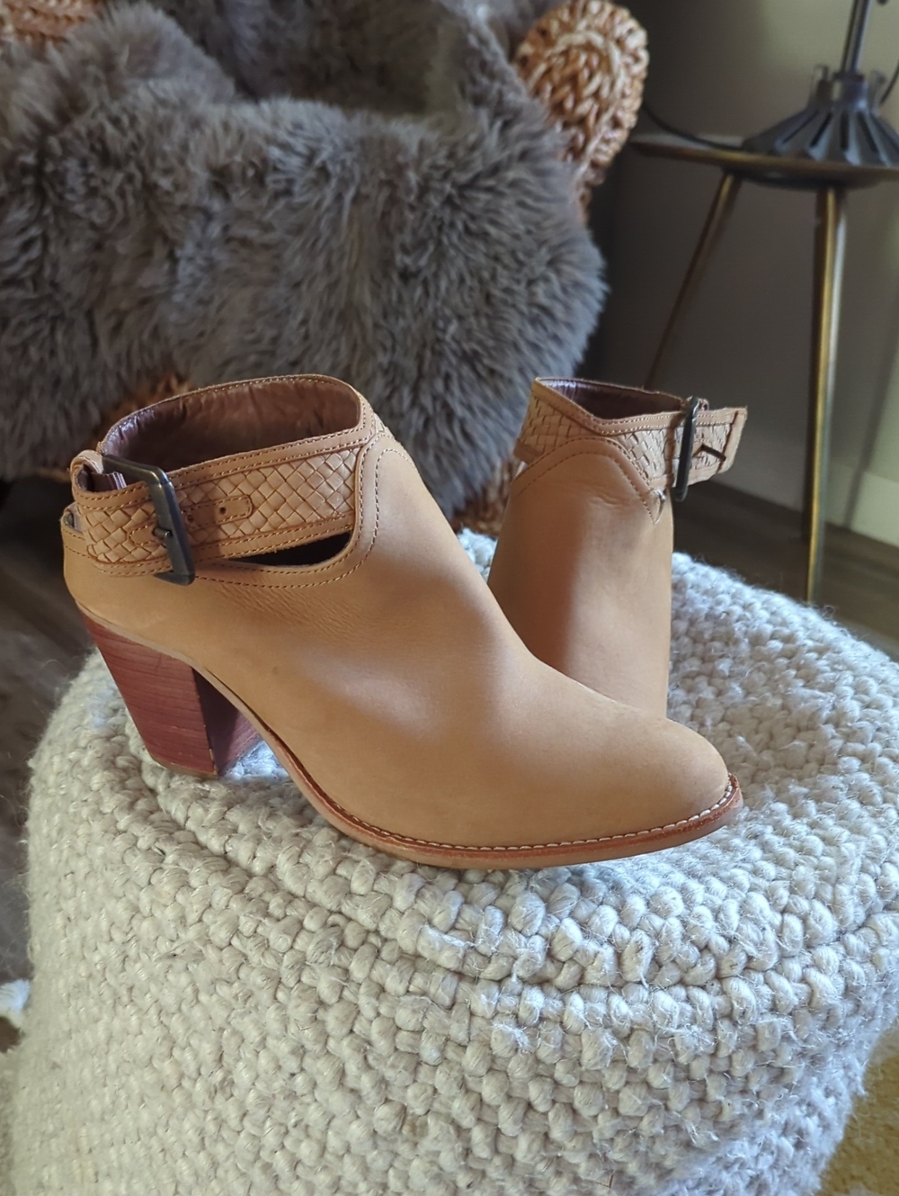 Women's Tan Leather Cutout Ankle Booties with Buckle